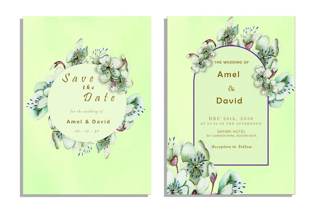 Elegante tarjeta de boda con hermosa plantilla floral y hojas psd