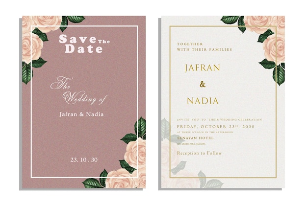 Elegante tarjeta de boda con hermosa plantilla floral y hojas