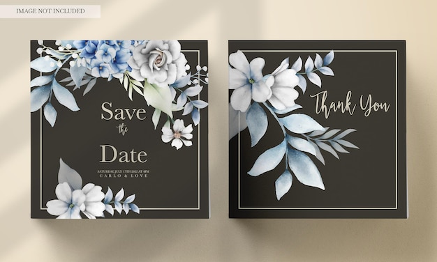 Elegante tarjeta de invitación de boda con un hermoso arreglo floral gris y azul