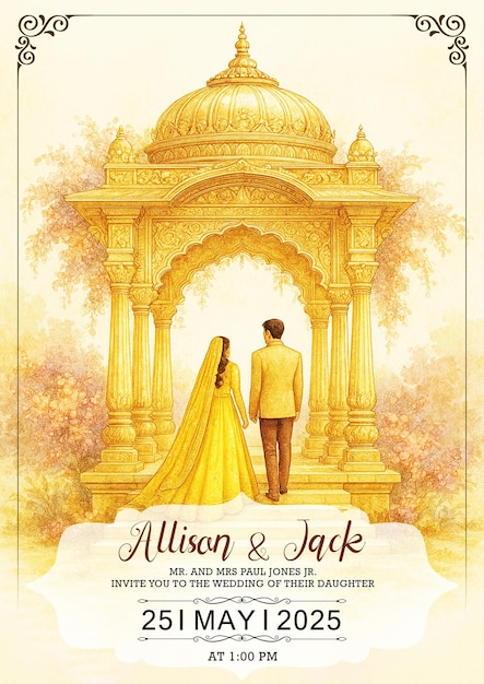 Elegante tarjeta de invitación de boda con una pareja bajo un arco dorado
