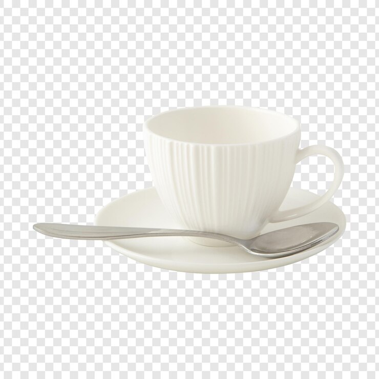 Elegante taza de té blanca y platillo con cuchara
