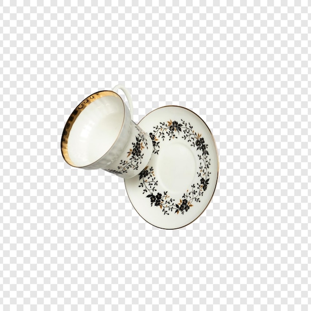 Elegante taza de té y platillo vintage con adornos de oro y diseño floral