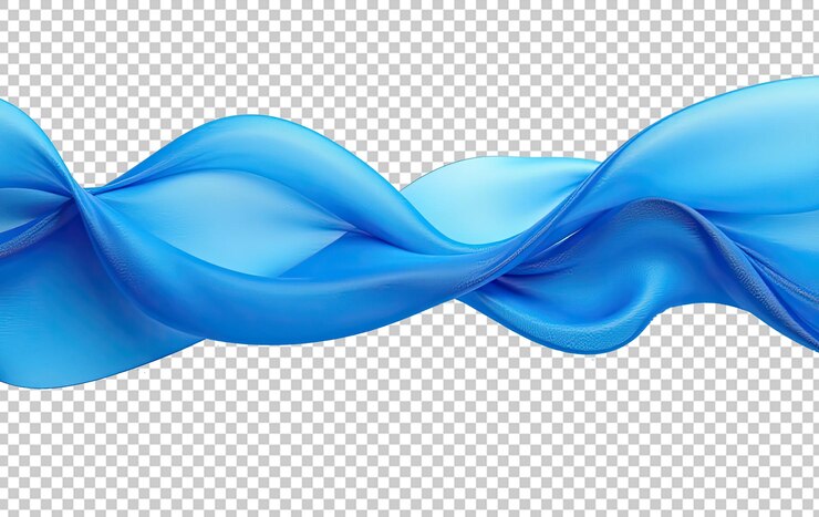 Elegante tela azul fluida en movimiento contra un fondo transparente