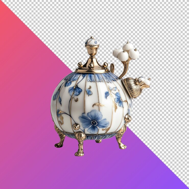 PSD elegante tetera de porcelana con diseño floral azul y acentos dorados