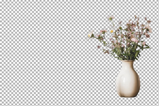 Elegante Vase mit wunderschönen Blumen und einem herzlichen Gruß für jeden Anlass mit isolierter auf durchsichtigem Hintergrund