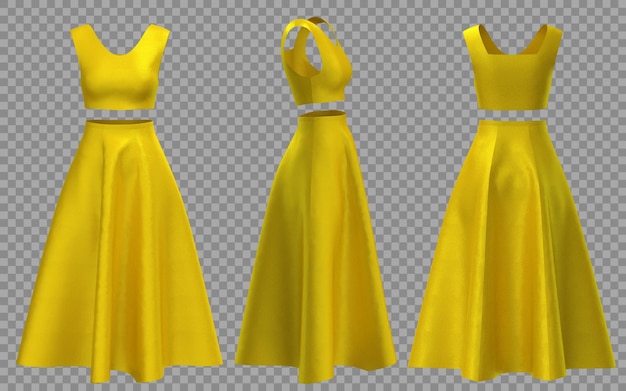 Elegante vestido amarelo de duas peças modelo 3D de fundo transparente