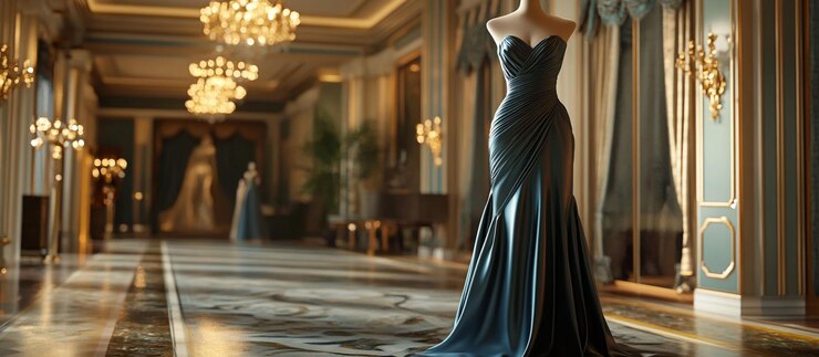 PSD elegante vestido azulado em manequim no grande salão