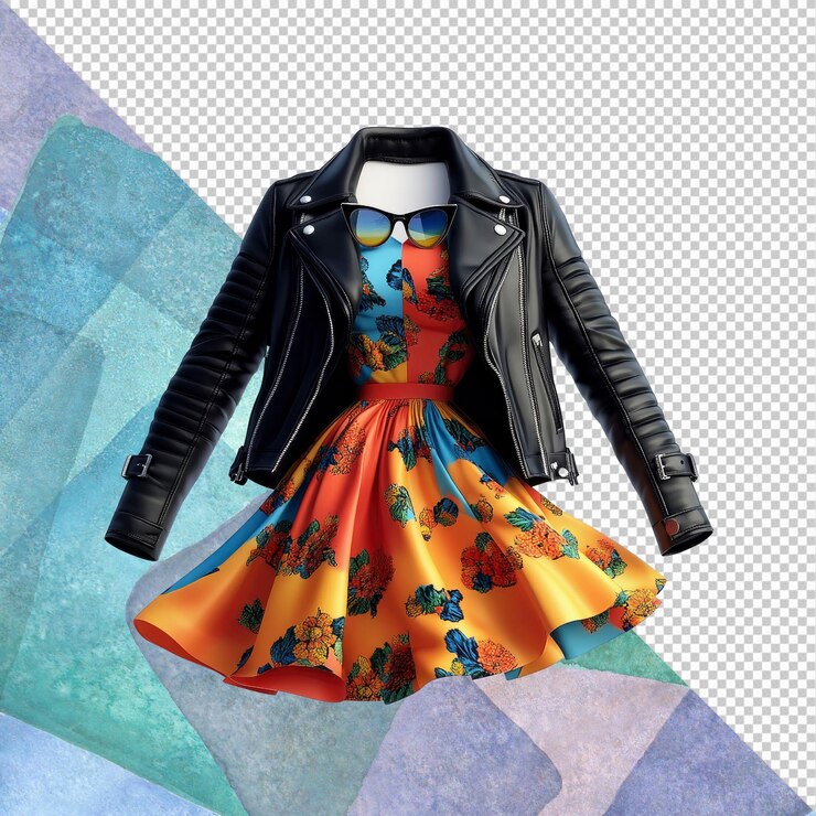 PSD un elegante vestido floral y una chaqueta de cuero