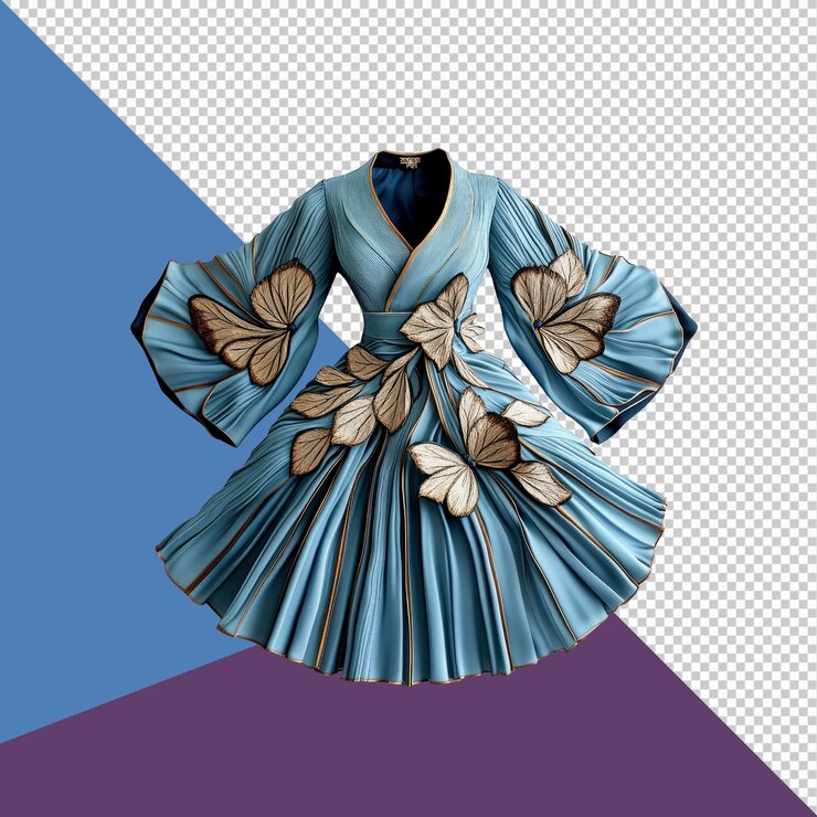 PSD elegante vestido de mariposa azul diseño de moda de alta costura