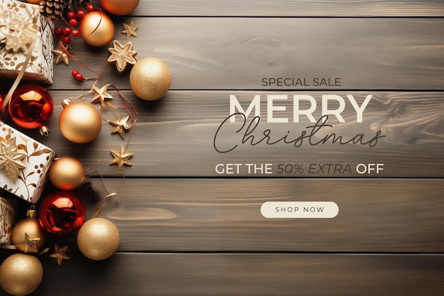 PSD elegante weihnachtsverkaufs-bannervorlage mit geschenken und ornamenten