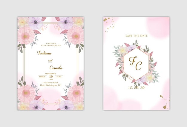 Elegante weiße hochzeitseinladung und save the date mit blauer blume premium psd