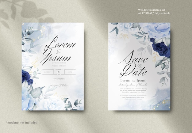 Elegantes Aquarell-Blumenhochzeits-Briefpapier mit Marine-Blau-Blume und Blättern