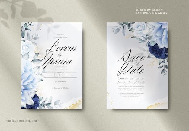 PSD elegantes aquarell-blumenhochzeits-briefpapier mit marine-blau-blume und blättern