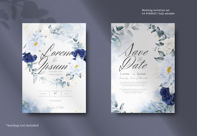 PSD elegantes aquarell-blumenrahmen-hochzeits-briefpapier mit marine-blau-blume und blättern