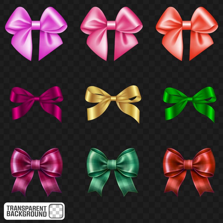Elegantes arcos de regalo multicolores y cintas sobre un fondo transparente