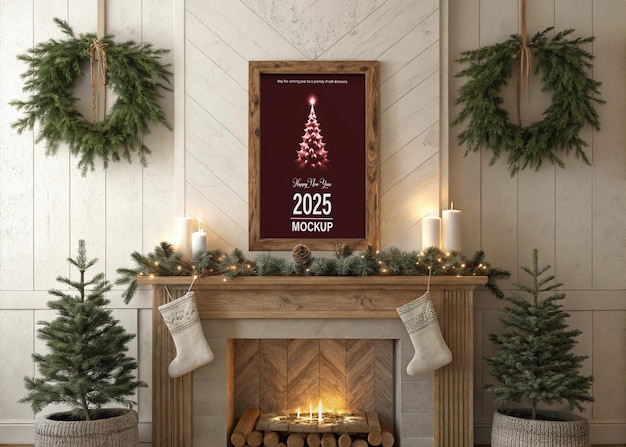 Elegantes cenas de maquete de Natal Interiores festivos com sinalização de férias de 2025