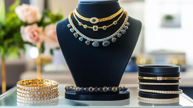 PSD elegantes colares e pulseiras de ouro com pedras preciosas azuis exibidas em um manequim preto