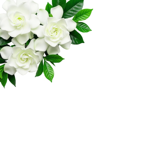 Elegantes flores de gardenia blanca con hojas verdes exuberantes PNG