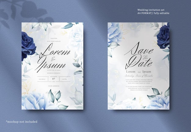 PSD elegantes hochzeitsbriefpapier mit marine-blau-blume und blättern