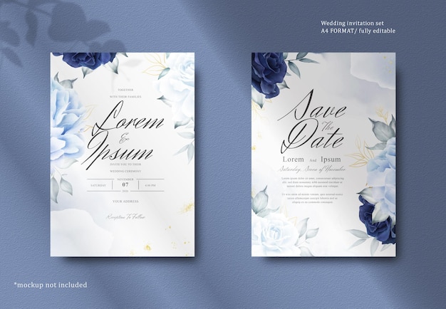 PSD elegantes hochzeitsbriefpapier mit marine-blau-blume und blättern