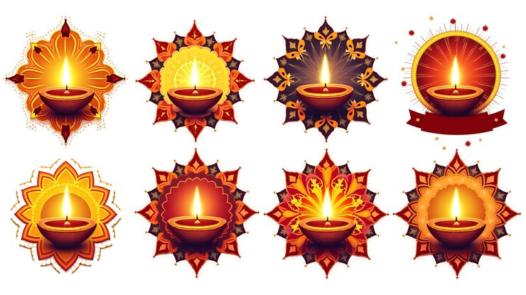 PSD elegantes ilustraciones de lámparas diwali diya con llamas únicas