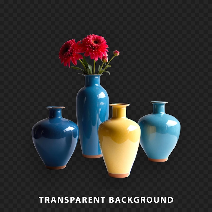 PSD elegantes jarrones con flores aisladas sobre un fondo transparente