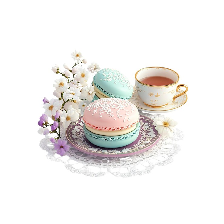 PSD elegantes macarrones pastel con té y flores en encaje