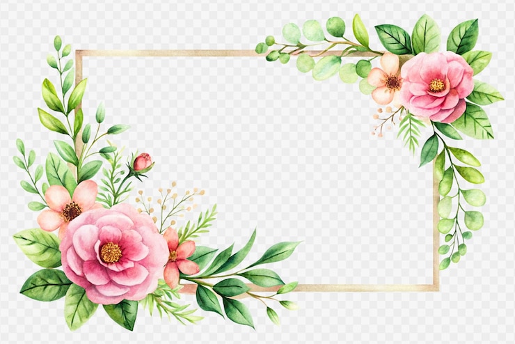 PSD elegantes marcos florales de acuarela con delicadas flores y follajes en las esquinas sobre un fondo transparente