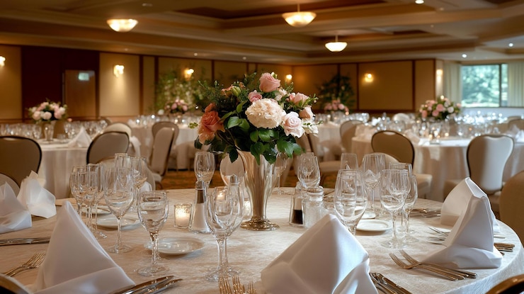 PSD elegantes mesas de salón de baile para la recepción de bodas para los invitados pieza central floral