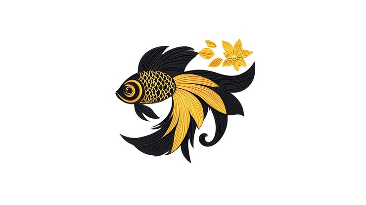 PSD elegantes peces koi negros y dorados con diseños florales