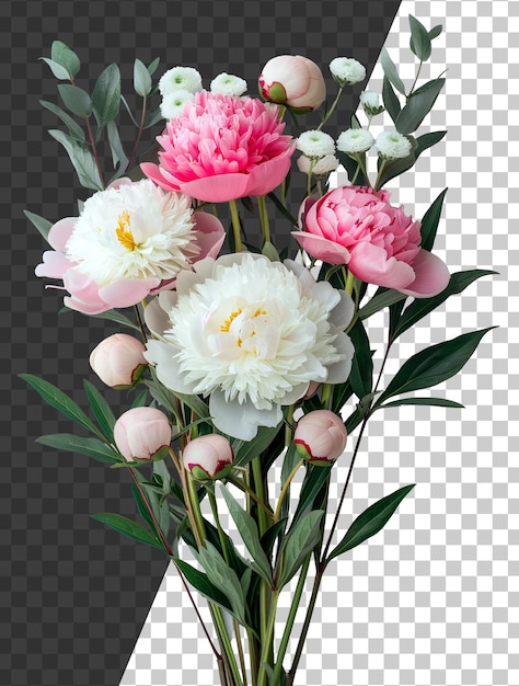 Elegantes peonías blancas y rosadas con flores completas en un fondo transparente