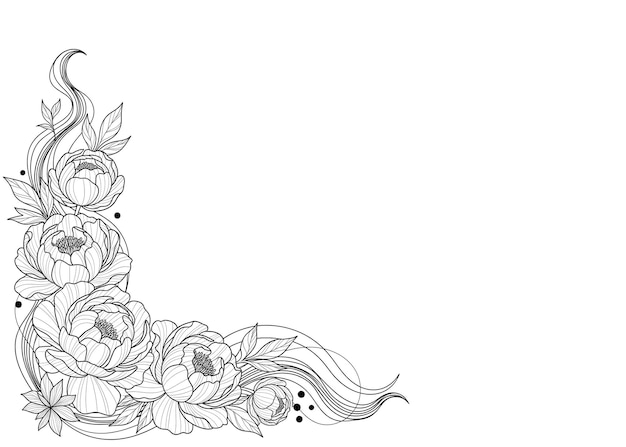 Elegantes peônias de canto floral em arte de linha