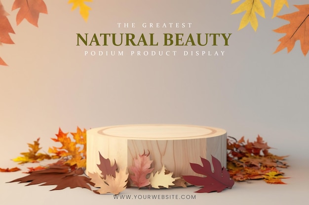 elegantes und natürliches holzpodest mit blättern, bühnendisplay-modell für die präsentation von showprodukten