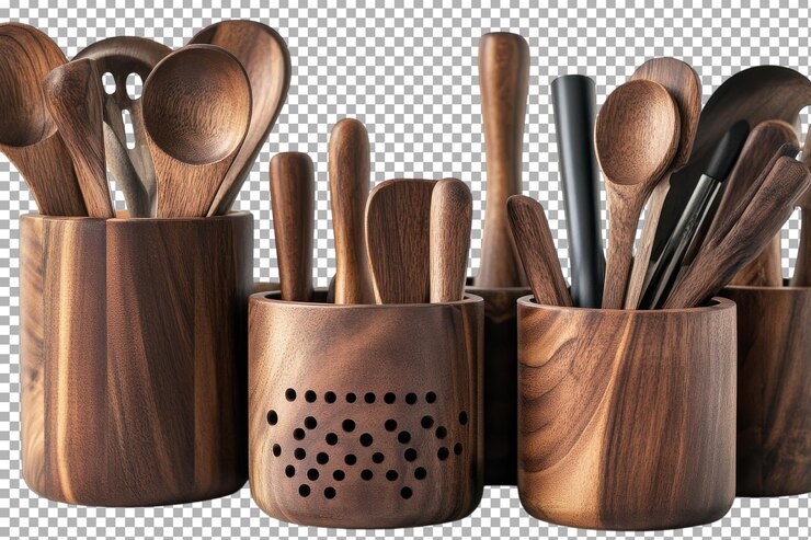 PSD los elegantes utensilios de cocina de madera en soportes elegantes proporcionan una atmósfera cálida para cocinar