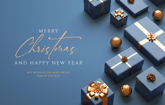 Elegantes weihnachtskartendesign mit blauen geschenkbällen und text in 3d-rendering