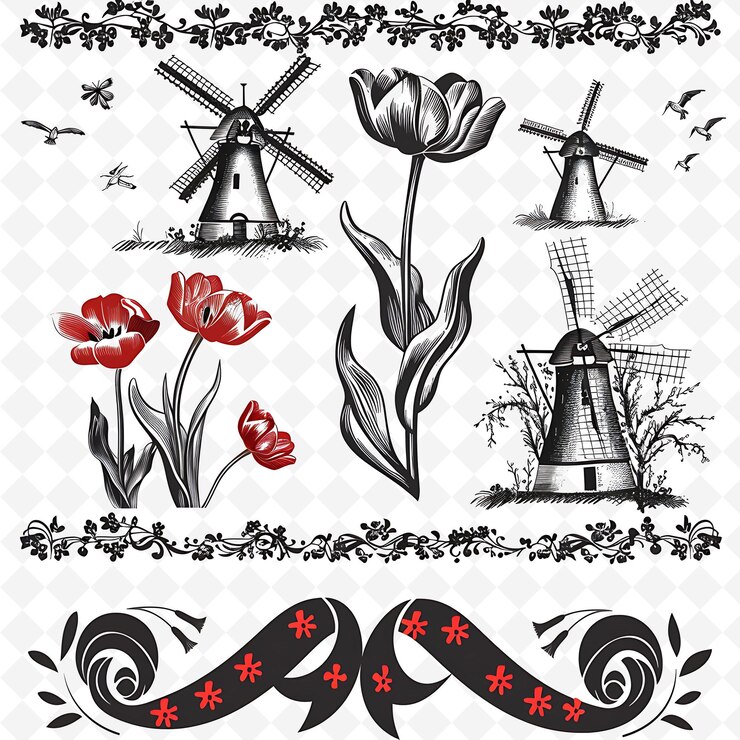 PSD eleganti fiori di tulipano borderlines design con motivi olandesi disegni artistici astratti creativi