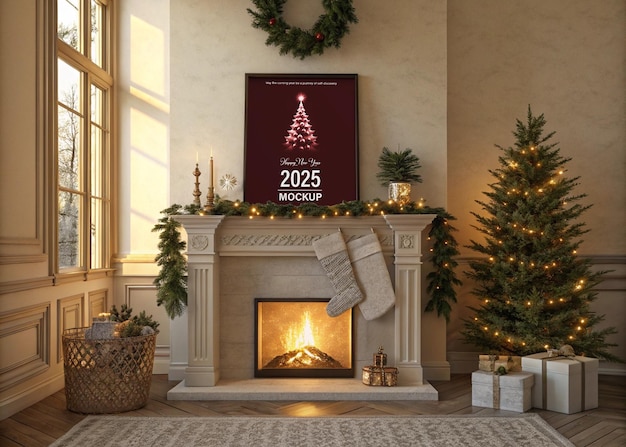 Eleganti Mockup Scene di Natale Interni festivi con segnaletica natalizia del 2025