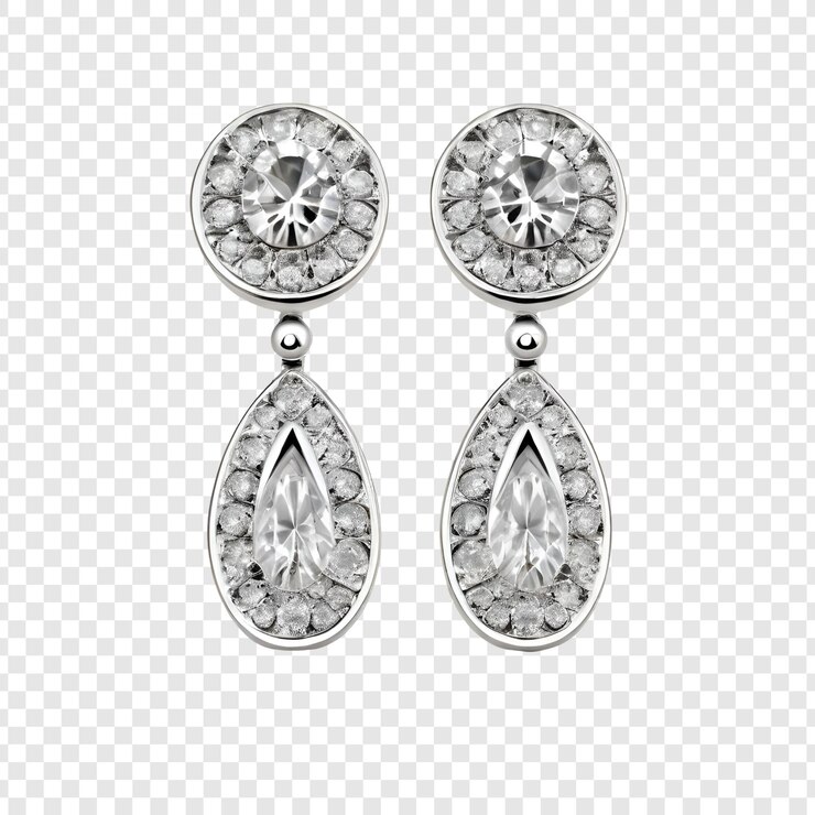 PSD eleganti orecchini di diamante, pere e gocce di argento, gioielli scintillanti isolati su trasparenti.