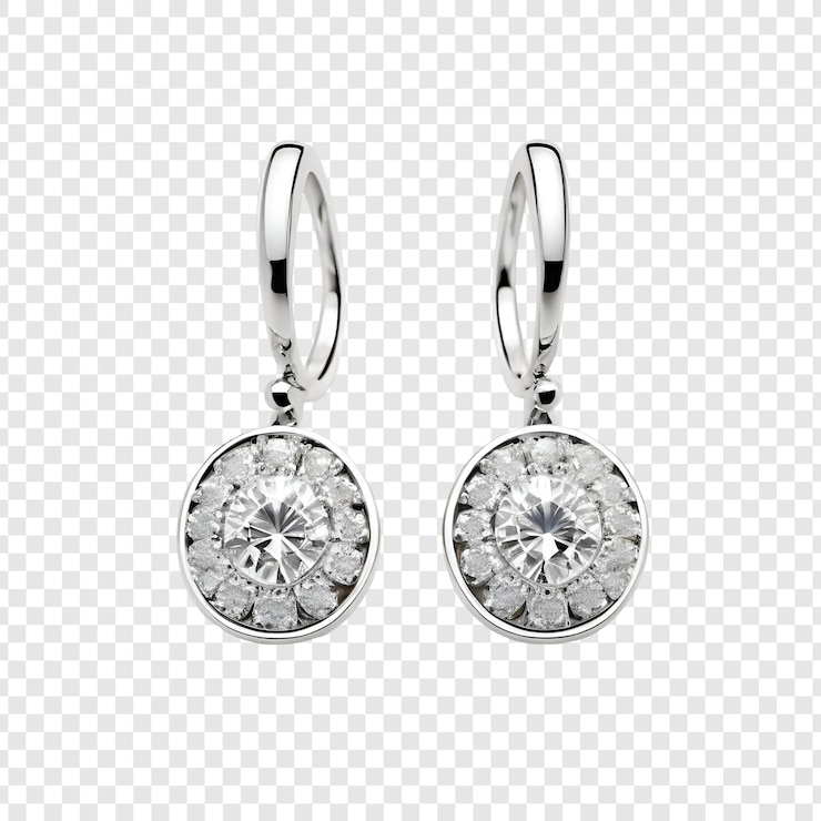 PSD eleganti orecchini di diamante, pere e gocce di argento, gioielli scintillanti isolati su trasparenti.