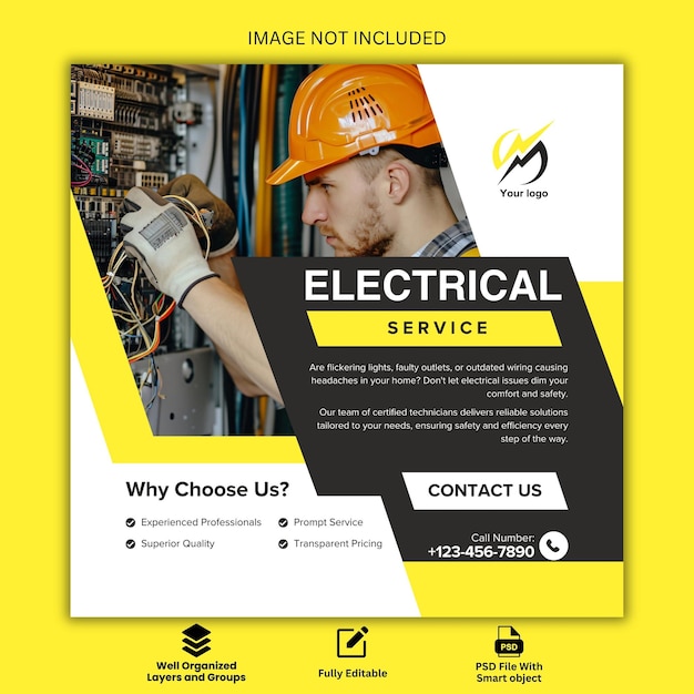 Elektriker- und Elektrikdienstplatzflyer und Instagram-Sozial-Media-Post-Vorlage