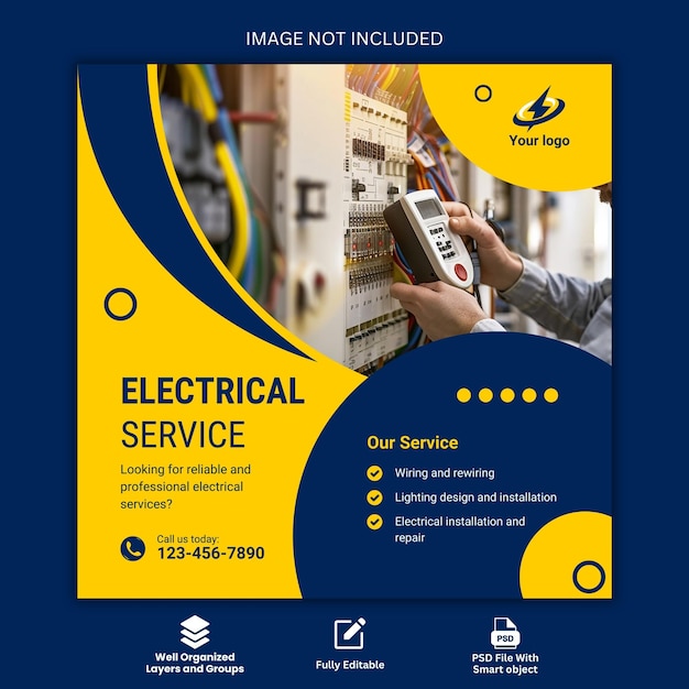 Elektriker- und Elektrikdienstplatzflyer und Instagram-Sozial-Media-Post-Vorlage