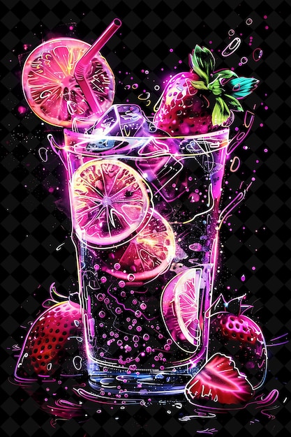 PSD elektrische rosa erdbeeren-lemonade mit schwimmender erdbeere s neonfarbe lebensmittel-getränk y2k-kollektion