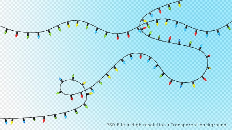 PSD elektrische weihnachtsgirlande mit glänzenden farbigen glühbirnen einzeln auf einem transparenten hintergrund. 3d-rendering