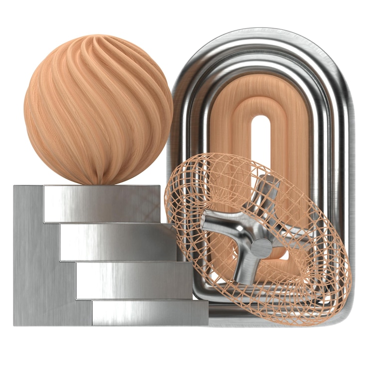 PSD elemen 3d geometri abstrak kayu logam