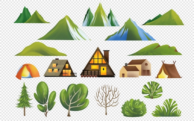 Elementi di design di montagna Montagne Colline Cabin Tend Trees