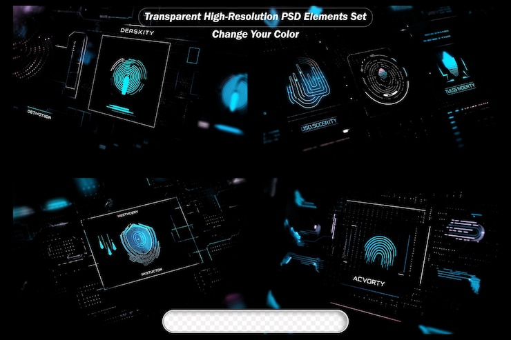 PSD elementi digitali futuristici con interfaccia di impronte digitali in toni blu