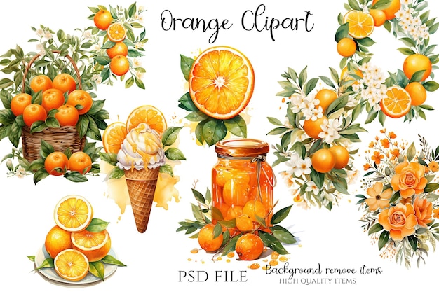 PSD elementos de acuarela naranja ilustraciones de naranja