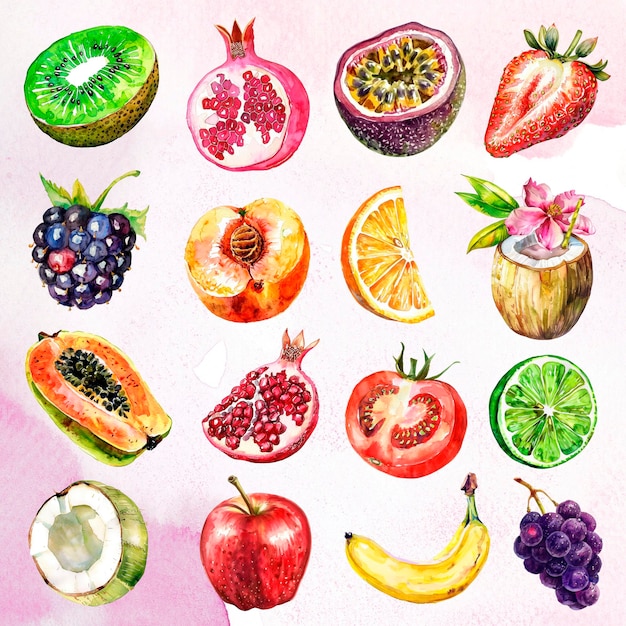 Elementos de design de ilustração de frutas em aquarela vibrante