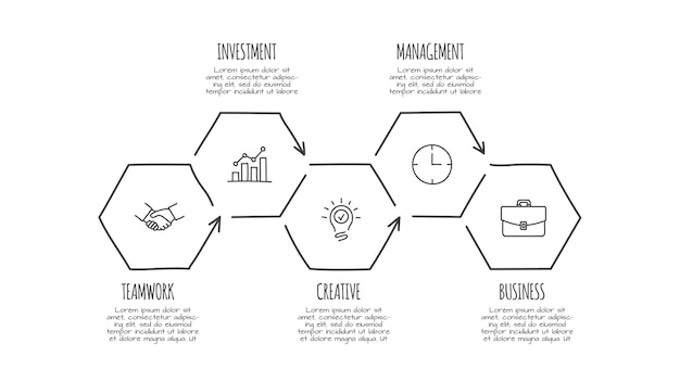 PSD elementos de hexágono infográfico doodle com 5 opções ícones desenhados à mão ilustração de linha fina