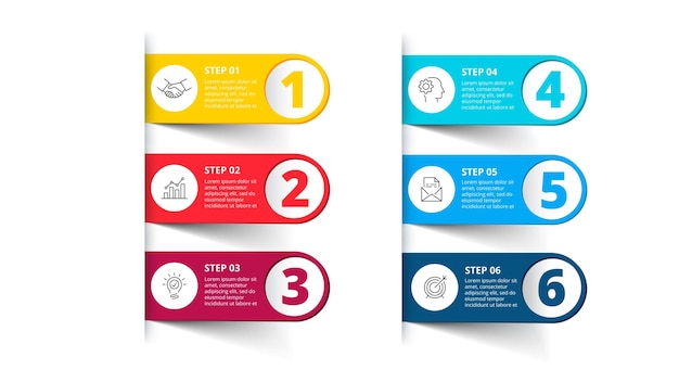 Elementos de listras para o conceito de negócios infográfico com etapas ou processos de peças de 6 opções